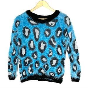 Kadence mohair look blue cheetah animal print crew neck sweater sz medium M B116